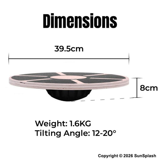 A dimension diagram of a balance board with text showing its measurements: 39.5cm in width, 8cm in height, weight of 1.6kg.