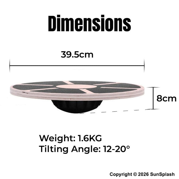 A dimension diagram of a balance board with text showing its measurements: 39.5cm in width, 8cm in height, weight of 1.6kg.