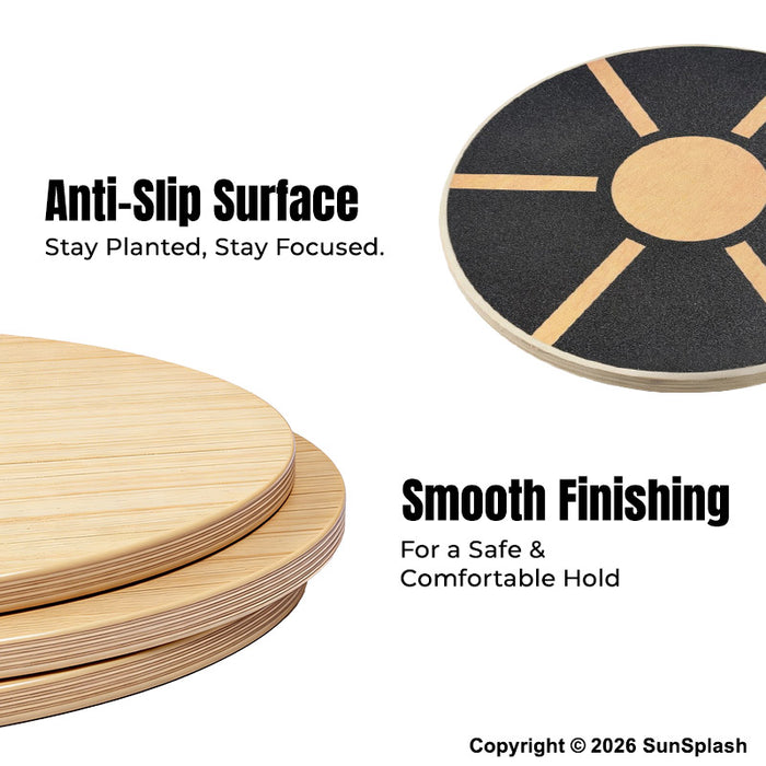 Two round outdoor platform mats by SunSplash on a white background, with text callouts describing anti-slip surface and smooth finishing.
