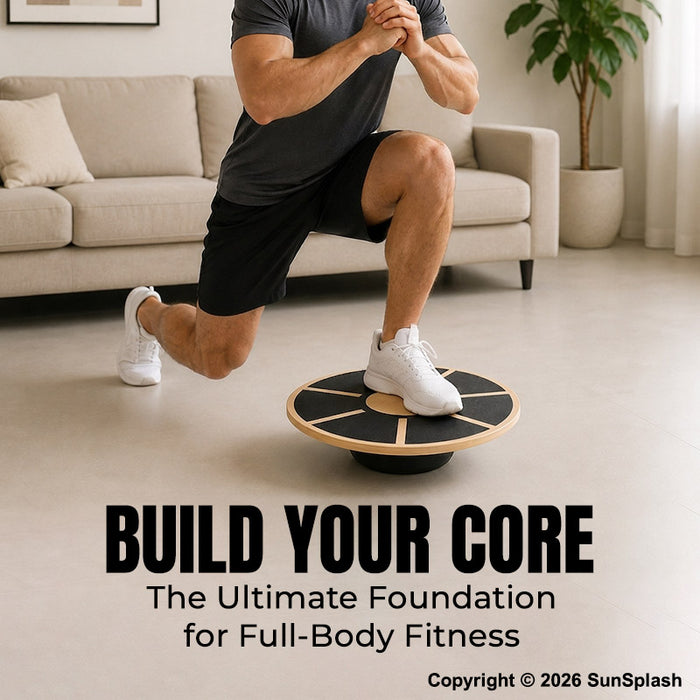 A man in a home setting balances on a circular stability board while wearing a dark gray t-shirt, black shorts, and white sneakers. Large text at the bottom reads 'BUILD YOUR CORE The Ultimate Foundation for Full-Body Fitness'.