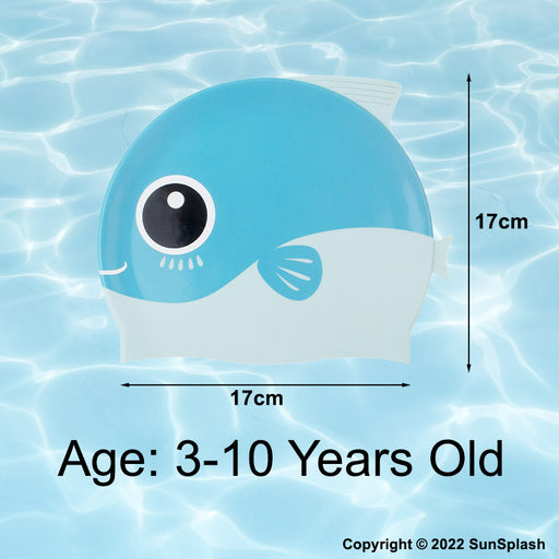 SunSplash blue kids silicone swim cap styled with cute cartoon fish design and 3D fin details