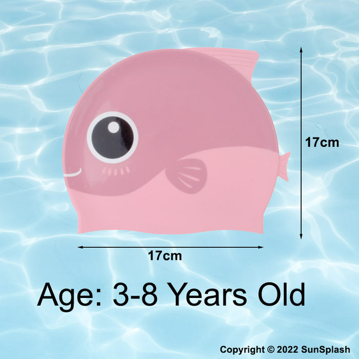 SunSplash pink kids silicone swim cap styled with cute cartoon fish design and 3D fin details
