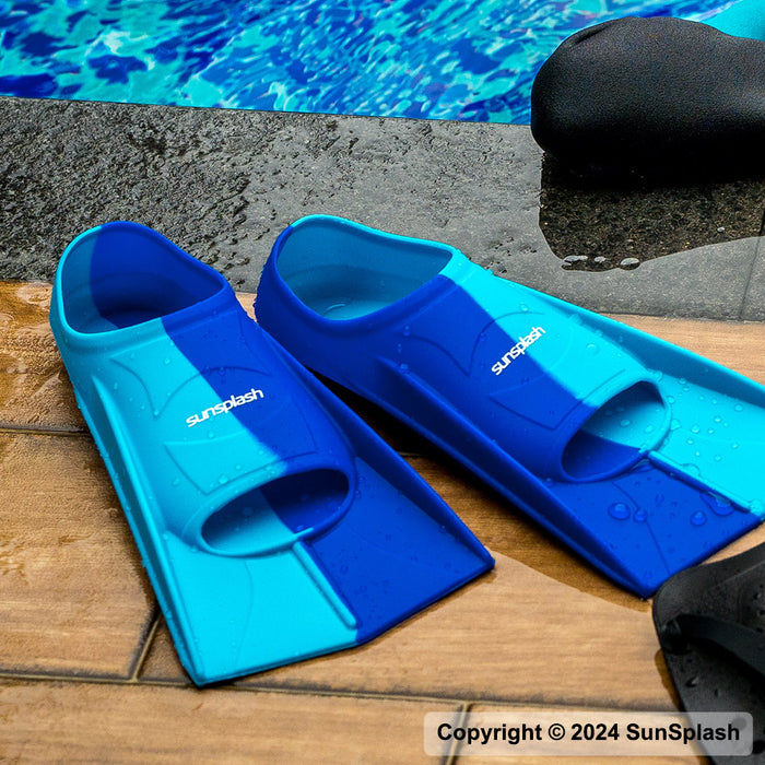 sunsplash swim fins for all ages blue lightweight fins for swim practice short blade fins for swimmers