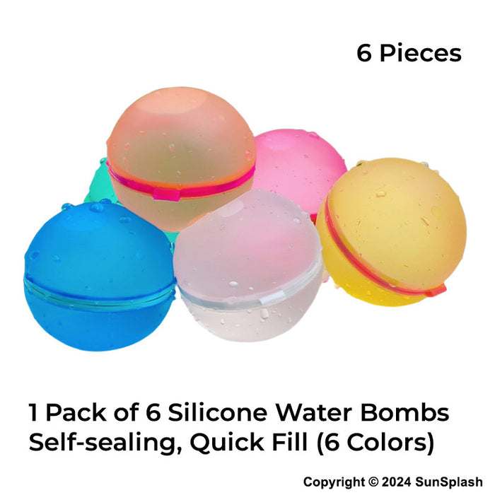 SunSplash 6-pack reusable self-sealing silicone water balloons in 6 bright colors